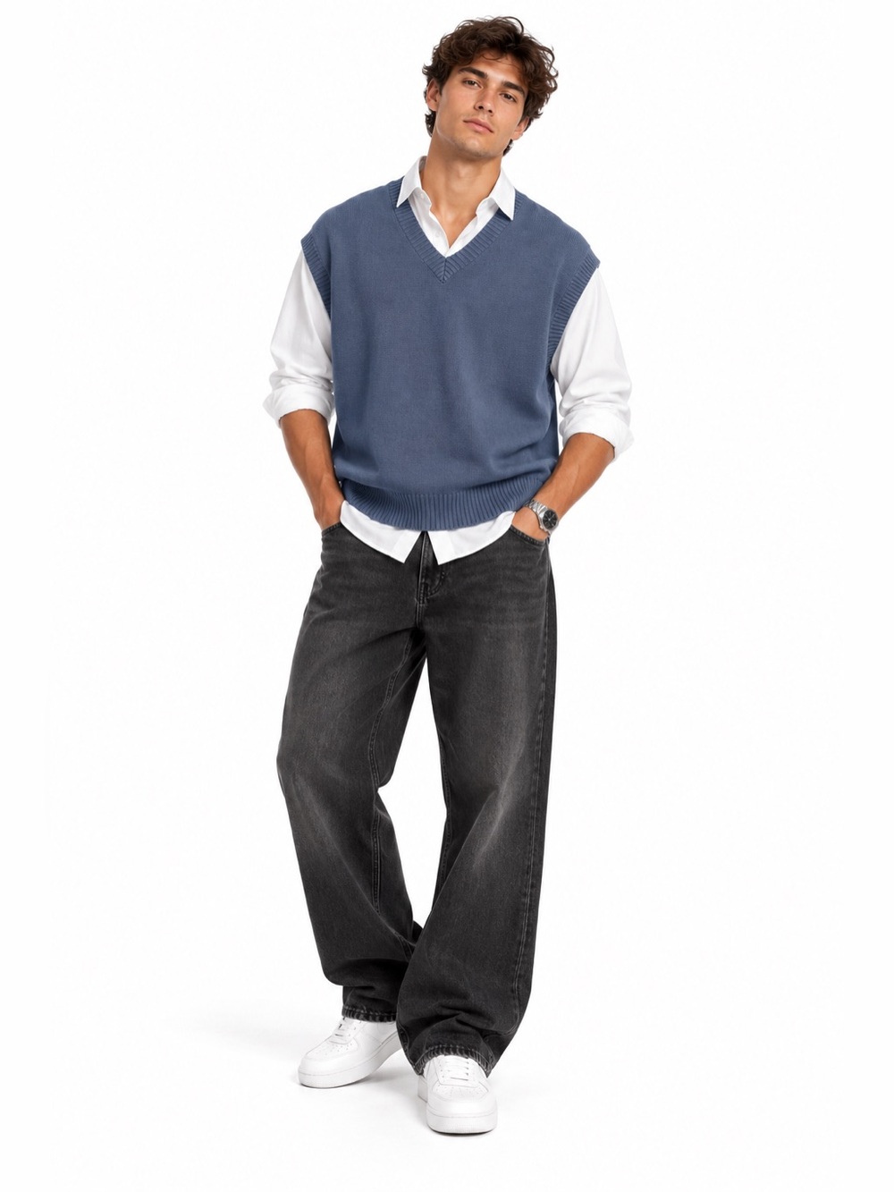 Zara Men’s Blue Oversized V-Neck Knit Sweater Vest Size XL